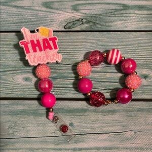 Pink Beaded Teacher Bracelet and Badge Holder Set